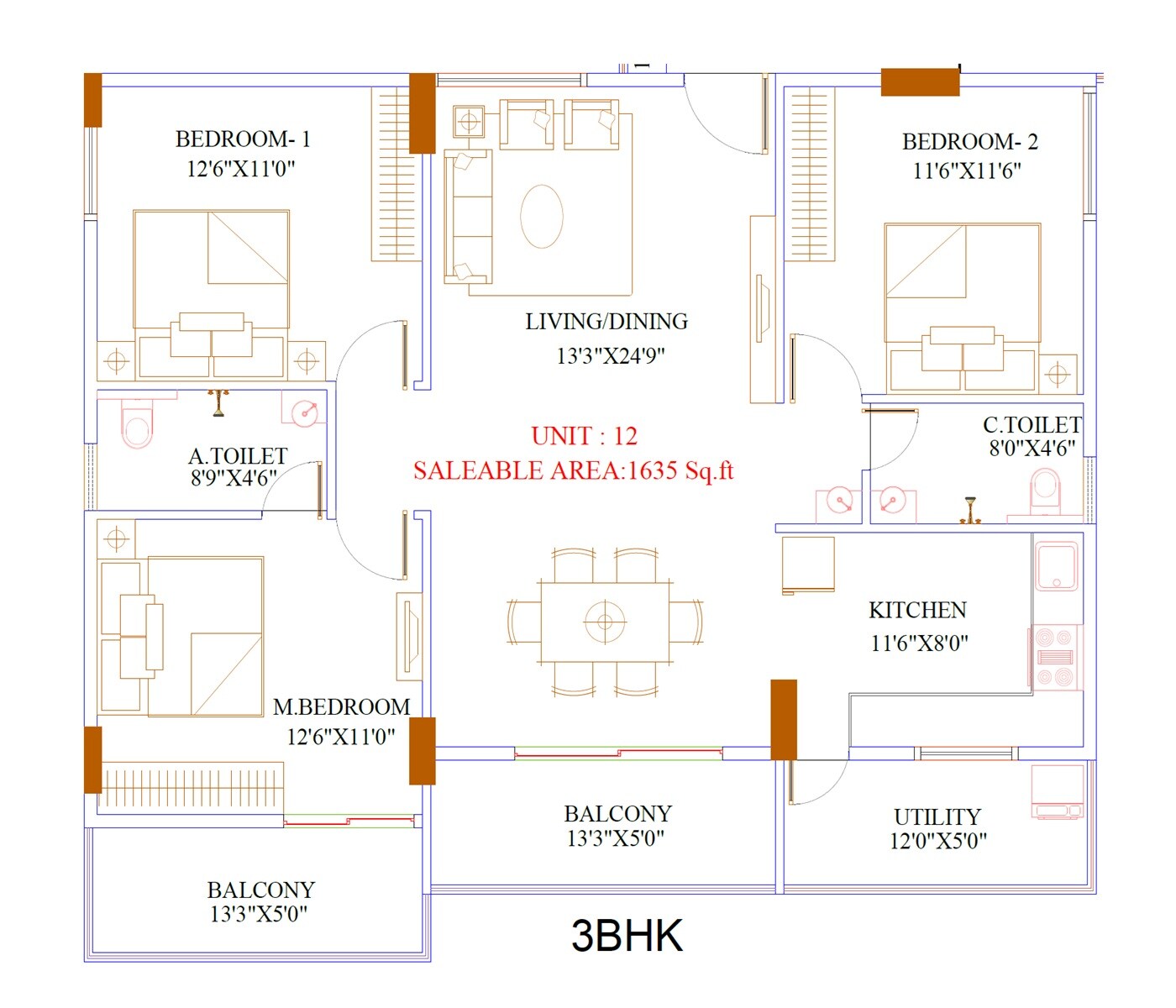 Floor plan of 3 BHK 1635 Sq. Ft. Apartment in Aakriti Emerald, Bangalore