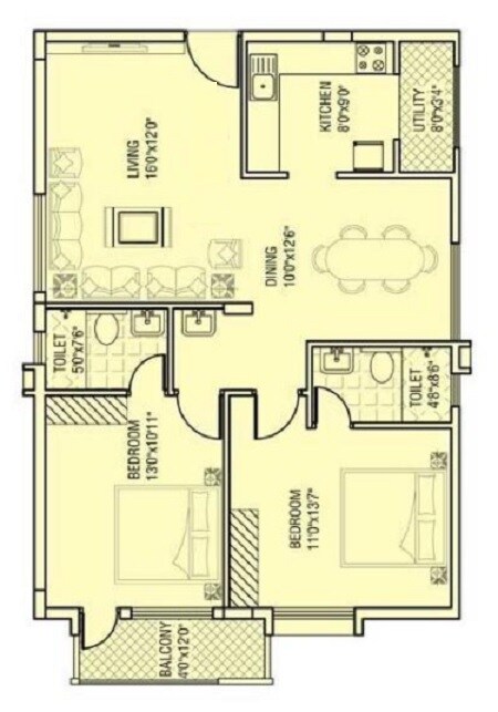 Floor plan of 2 BHK 1090 Sq. Ft. Apartment in Aaptha Landmark, Bangalore