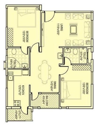 Floor plan of 2 BHK 1200 Sq. Ft. Apartment in Aaptha Landmark, Bangalore