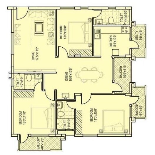 Floor plan of 3 BHK 1440 Sq. Ft. Apartment in Aaptha Landmark, Bangalore