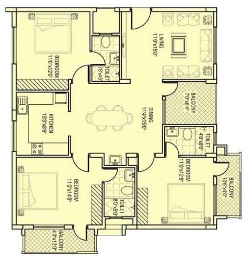 Floor plan of 3 BHK 1600 Sq. Ft. Apartment in Aaptha Landmark, Bangalore