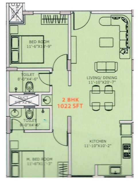 Floor plan of 2 BHK 1022 Sq. Ft. Apartment in Aarushi Residency The Rising Sun, Bangalore