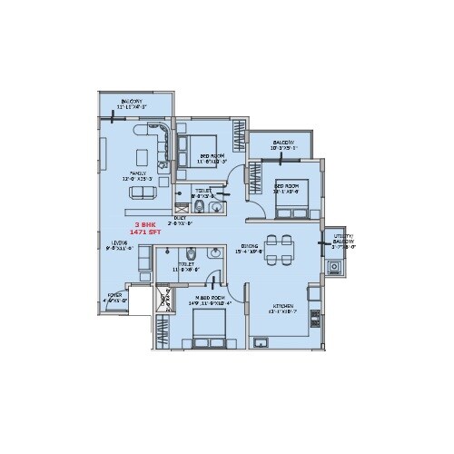 Floor plan of 3 BHK 1471 Sq. Ft. Apartment in Aarushi Residency The Rising Sun, Bangalore