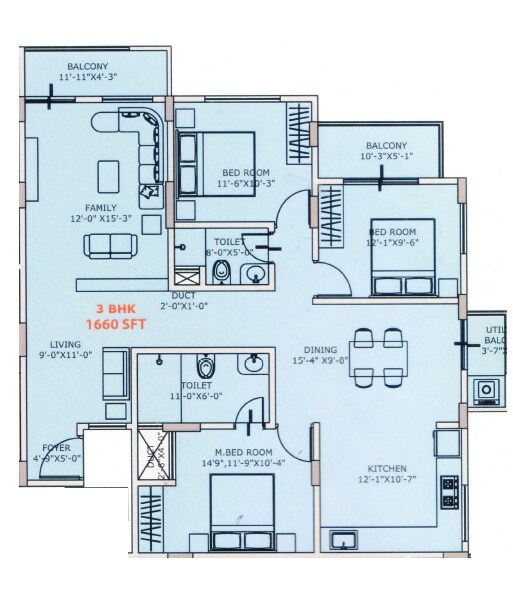Floor plan of 3 BHK 1660 Sq. Ft. Apartment in Aarushi Residency The Rising Sun, Bangalore