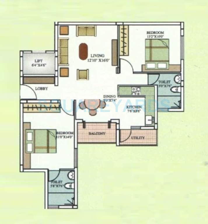 Floor plan of 2 BHK 1100 Sq. Ft. Apartment in Aarya Shelter Aarya Orchid, Bangalore