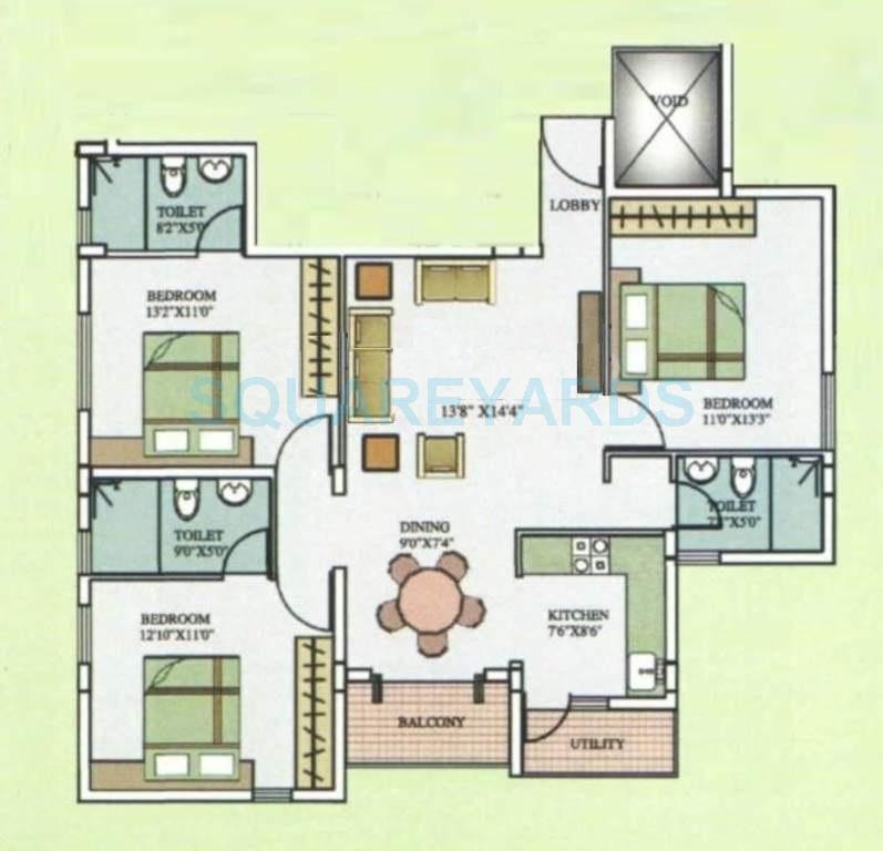 Floor plan of 3 BHK 1375 Sq. Ft. Apartment in Aarya Shelter Aarya Orchid, Bangalore