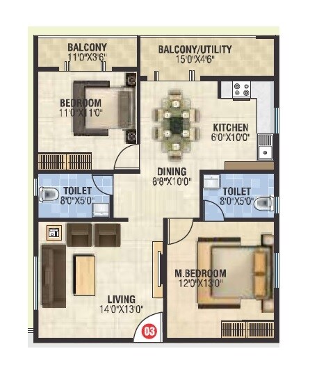 Floor plan of 2 BHK 1269 Sq. Ft. Apartment in Aasara Greenwoods, Bangalore