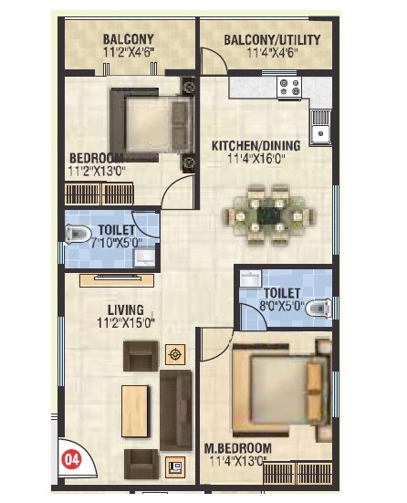 Floor plan of 2 BHK 1131 Sq. Ft. Apartment in Aasara Greenwoods, Bangalore