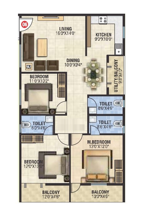 Floor plan of 3 BHK 1693 Sq. Ft. Apartment in Aasara Greenwoods, Bangalore