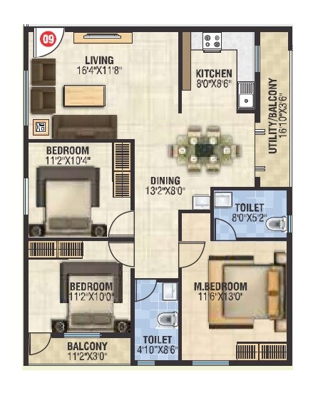 Floor plan of 3 BHK 1355 Sq. Ft. Apartment in Aasara Greenwoods, Bangalore