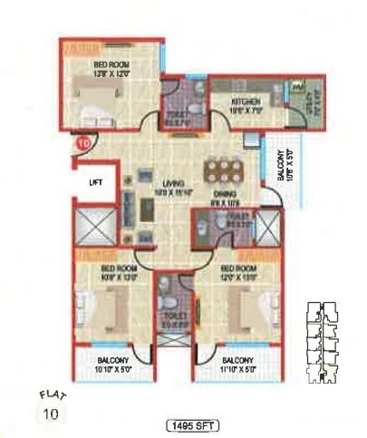 3 BHK 1495 Sq. Ft. Apartment