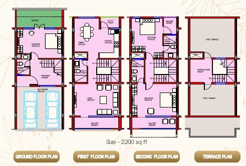 Floor plan of 3 BHK 2200 Sq. Ft. Row House in Aashish Narayana Row House, Bangalore