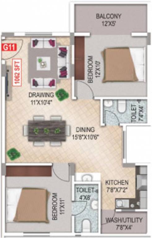 Floor plan of 2 BHK 1062 Sq. Ft. Apartment in Aashrayaa Eternia, Bangalore
