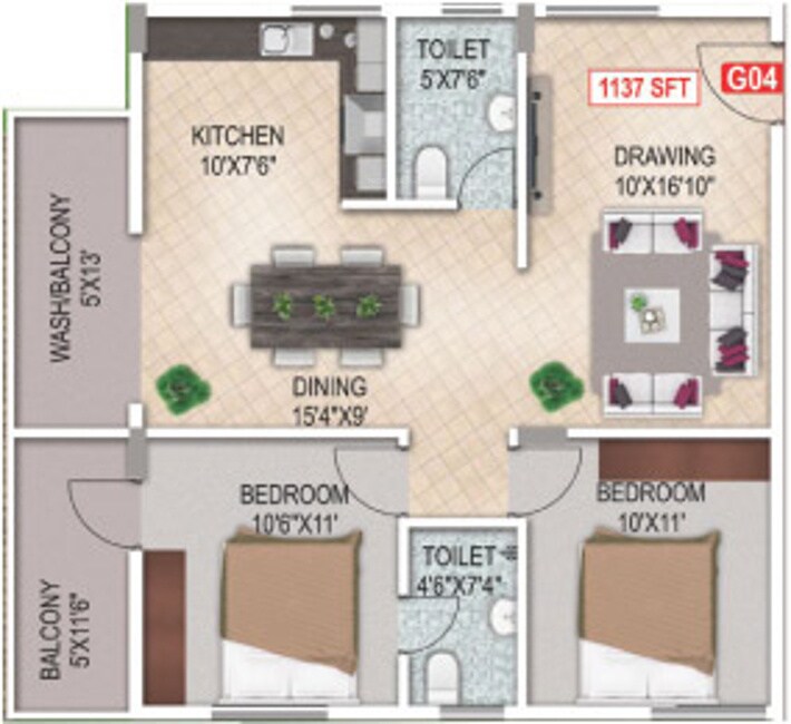 Floor plan of 2 BHK 1137 Sq. Ft. Apartment in Aashrayaa Eternia, Bangalore