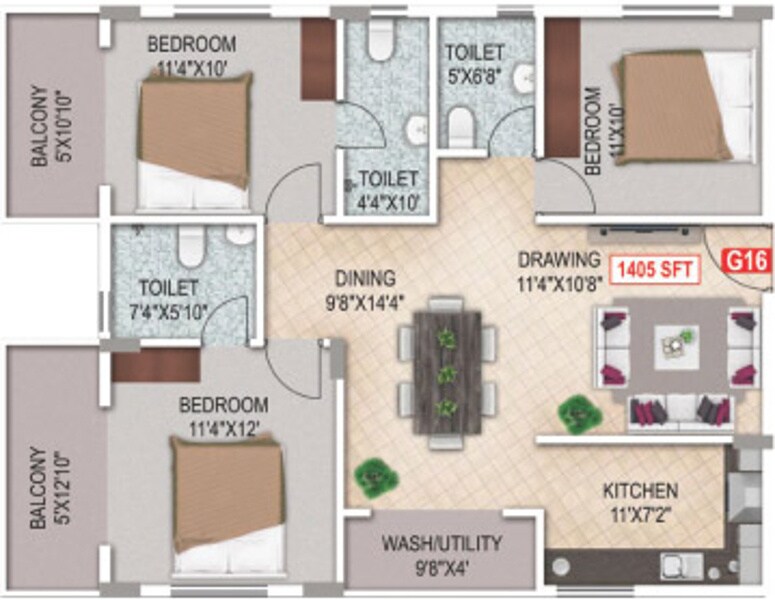 Floor plan of 3 BHK 1405 Sq. Ft. Apartment in Aashrayaa Eternia, Bangalore