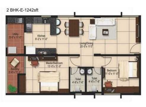 Floor plan of 2 BHK 1242 Sq. Ft. Apartment in Aashrayaa Onyx, Bangalore