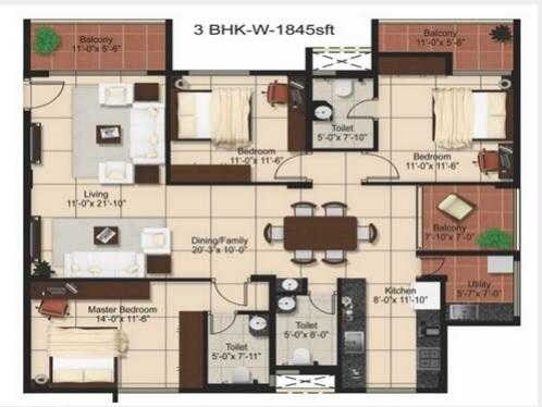 Floor plan of 3 BHK 1845 Sq. Ft. Apartment in Aashrayaa Onyx, Bangalore