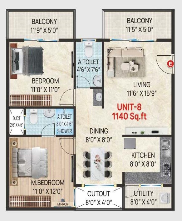 2 BHK 1140 Sq. Ft. Apartment