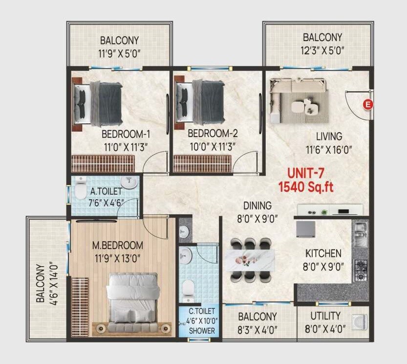 3 BHK 1540 Sq. Ft. Apartment