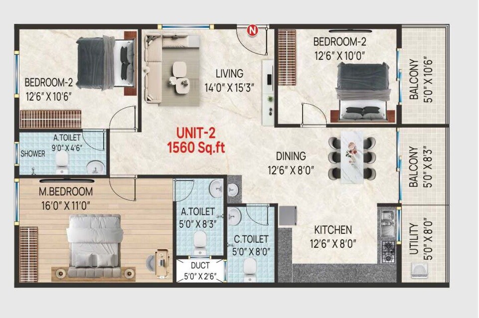 3 BHK 1560 Sq. Ft. Apartment