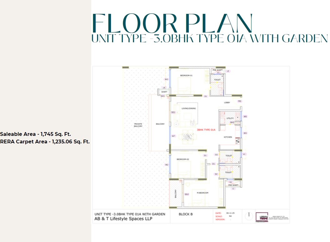 Floor plan of 3 BHK 1745 Sq. Ft. Apartment in AB And T Park Lane, Bangalore