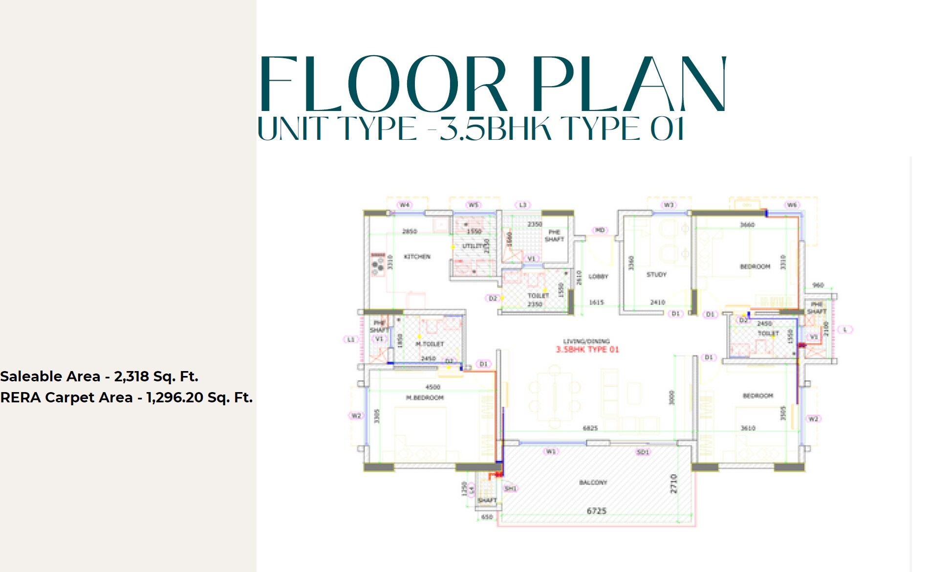 Floor plan of 3 BHK 2318 Sq. Ft. Apartment in AB And T Park Lane, Bangalore