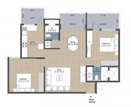 Floor plan of 2 BHK 1097 Sq. Ft. Apartment in Aban Desire, Bangalore