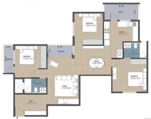 Floor plan of 3 BHK 1530 Sq. Ft. Apartment in Aban Desire, Bangalore