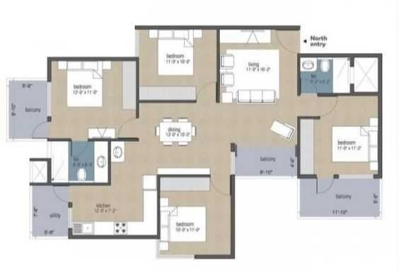 Floor plan of 4 BHK 1725 Sq. Ft. Apartment in Aban Desire, Bangalore