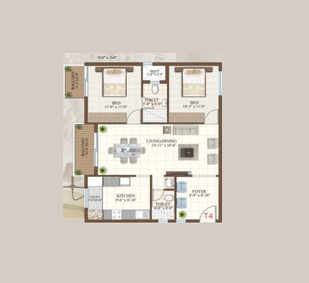 Floor plan of 2 BHK 1073 Sq. Ft. Apartment in ABD Pinaki Paradise, Bangalore