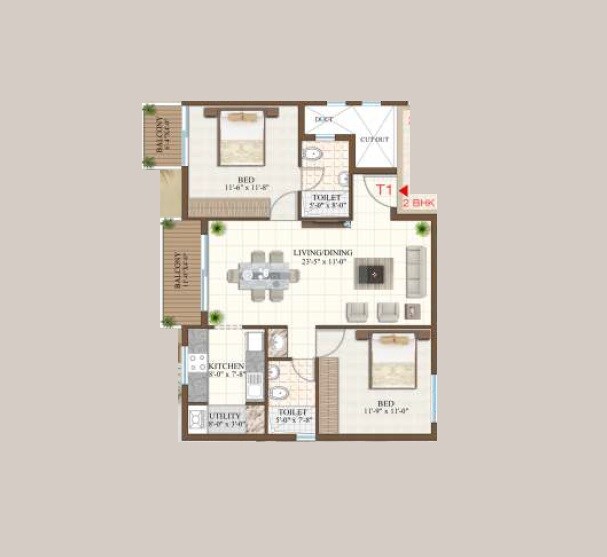Floor plan of 2 BHK 1229 Sq. Ft. Apartment in ABD Pinaki Paradise, Bangalore