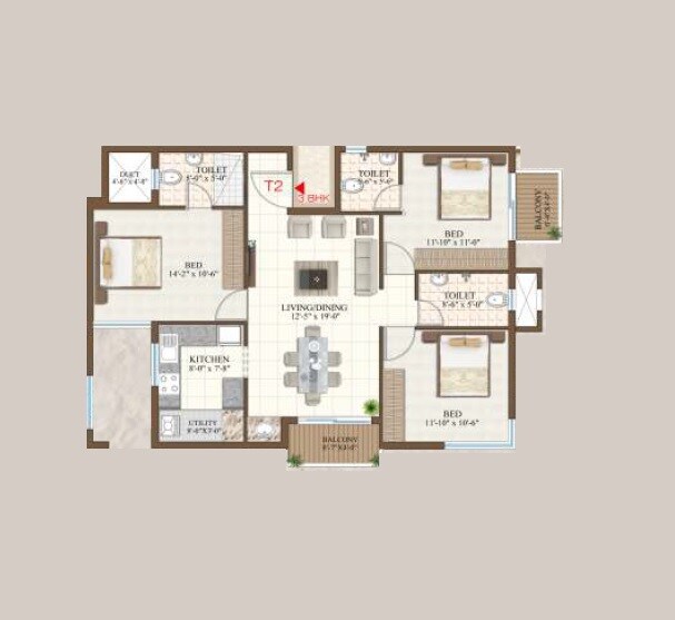 Floor plan of 3 BHK 1278 Sq. Ft. Apartment in ABD Pinaki Paradise, Bangalore