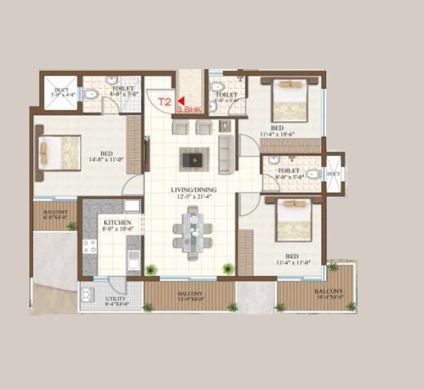Floor plan of 3 BHK 1440 Sq. Ft. Apartment in ABD Pinaki Paradise, Bangalore