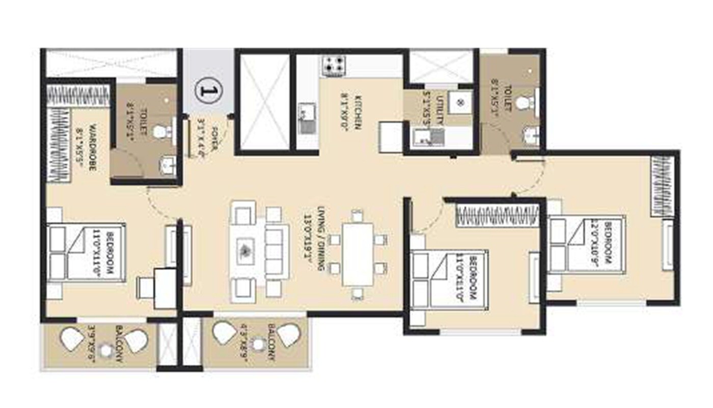 Floor plan of 2 BHK 1452 Sq. Ft. Apartment in Abhee City Urban Glenn, Bangalore