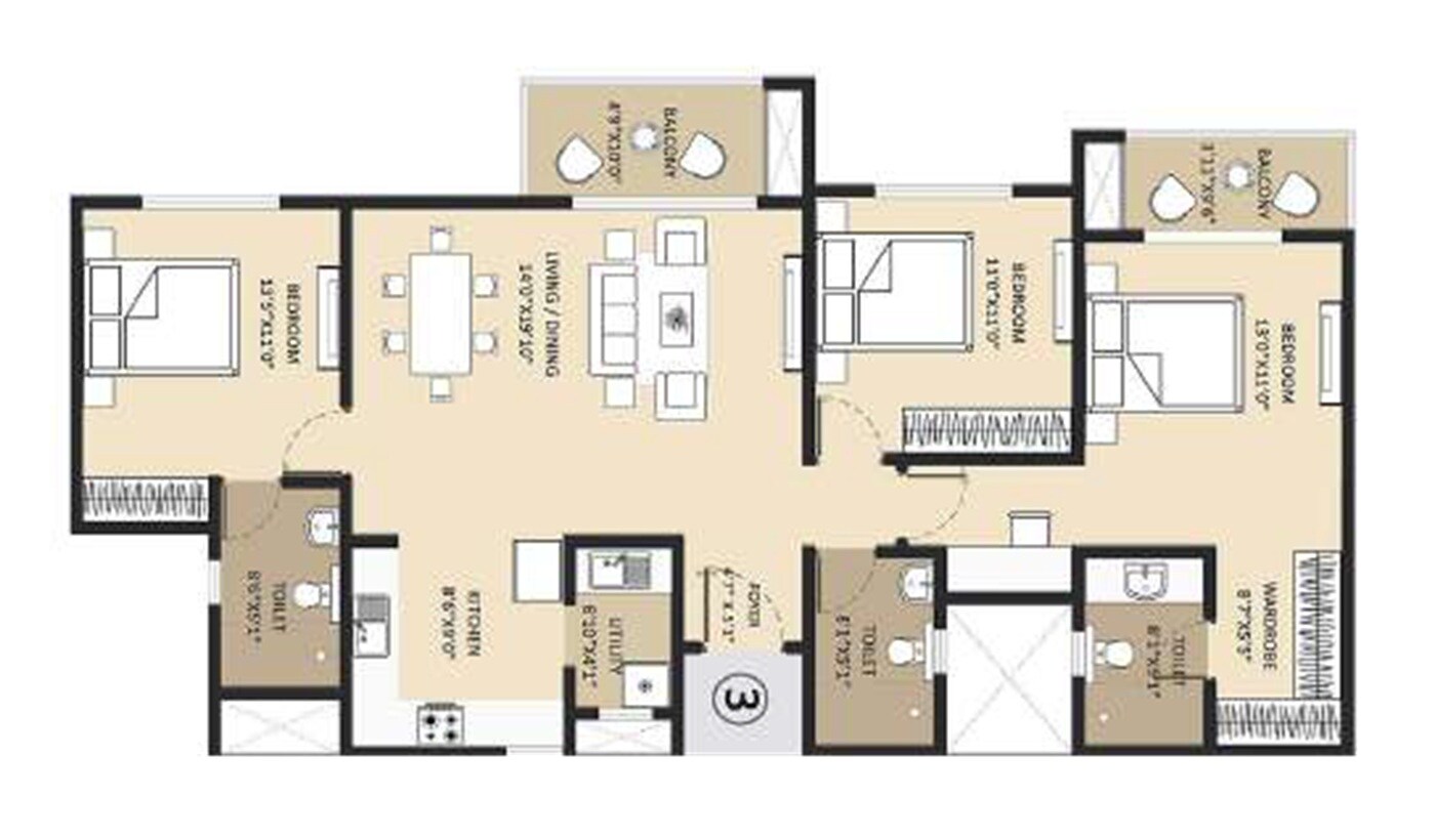 Floor plan of 3 BHK 1557 Sq. Ft. Apartment in Abhee City Urban Glenn, Bangalore