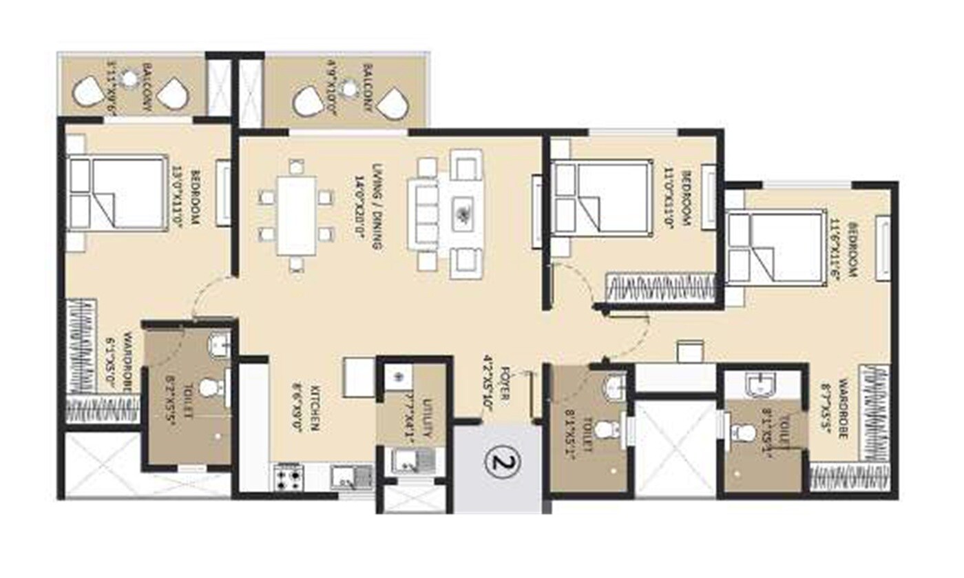 Floor plan of 3 BHK 1703 Sq. Ft. Apartment in Abhee City Urban Glenn, Bangalore