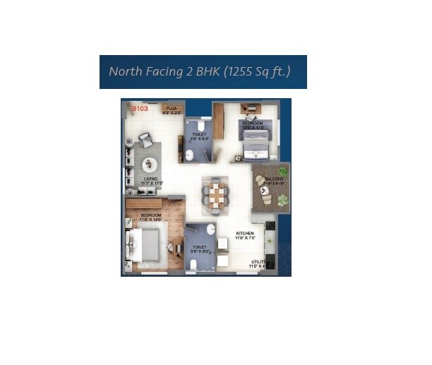 Floor plan of 2 BHK 1255 Sq. Ft. Apartment in Abhee Kings Court, Bangalore