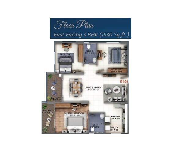 Floor plan of 3 BHK 1530 Sq. Ft. Apartment in Abhee Kings Court, Bangalore