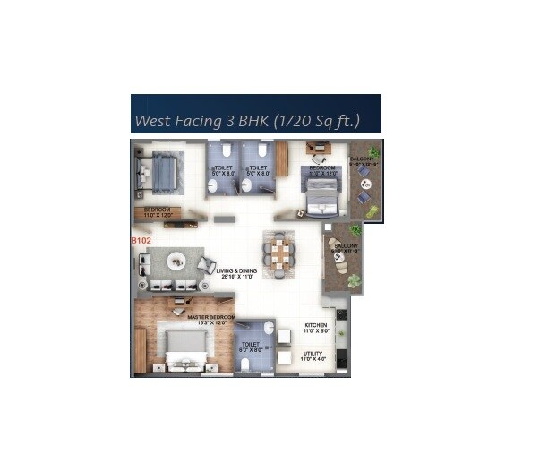 Floor plan of 3 BHK 1720 Sq. Ft. Apartment in Abhee Kings Court, Bangalore
