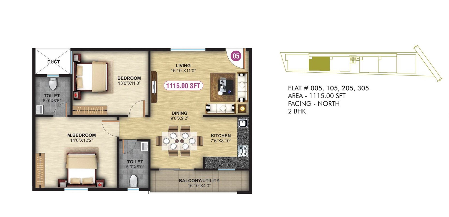 Floor plan of 2 BHK 1115 Sq. Ft. Apartment in Abhee Lotus, Bangalore