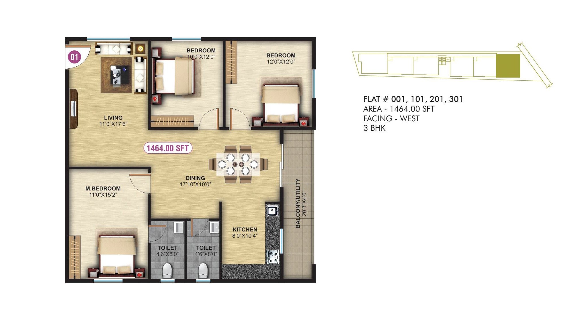 Floor plan of 3 BHK 1464 Sq. Ft. Apartment in Abhee Lotus, Bangalore