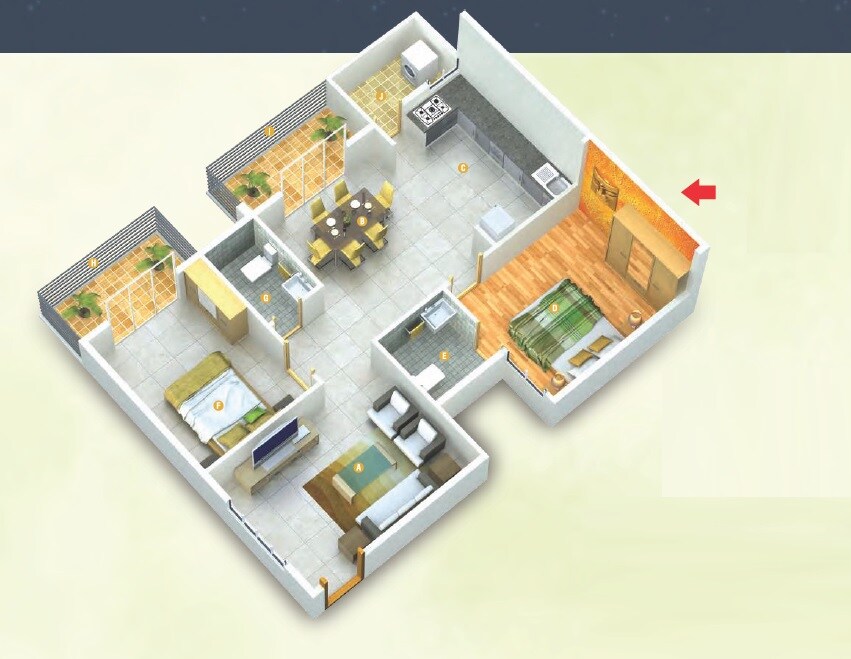 Floor plan of 2 BHK Apartment - 1229 sq. ft. in Abhee Nakshatra, Bangalore
