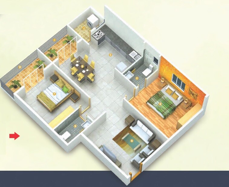 Floor plan of 2 BHK Apartment - 1345 sq. ft. in Abhee Nakshatra, Bangalore