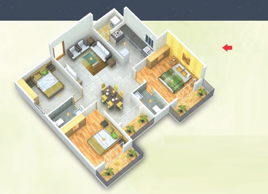 Floor plan of 3 BHK Apartment - 1434 sq. ft. in Abhee Nakshatra, Bangalore