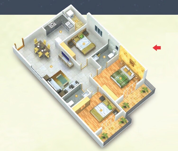 Floor plan of 3 BHK Apartment - 1467 sq. ft. in Abhee Nakshatra, Bangalore