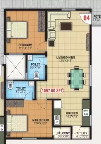 Floor plan of 2 BHK 1097 Sq. Ft. Apartment in Abhee Nandana, Bangalore