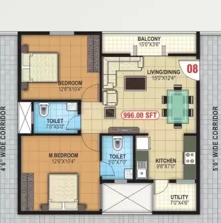 Floor plan of 2 BHK 996 Sq. Ft. Apartment in Abhee Nandana, Bangalore