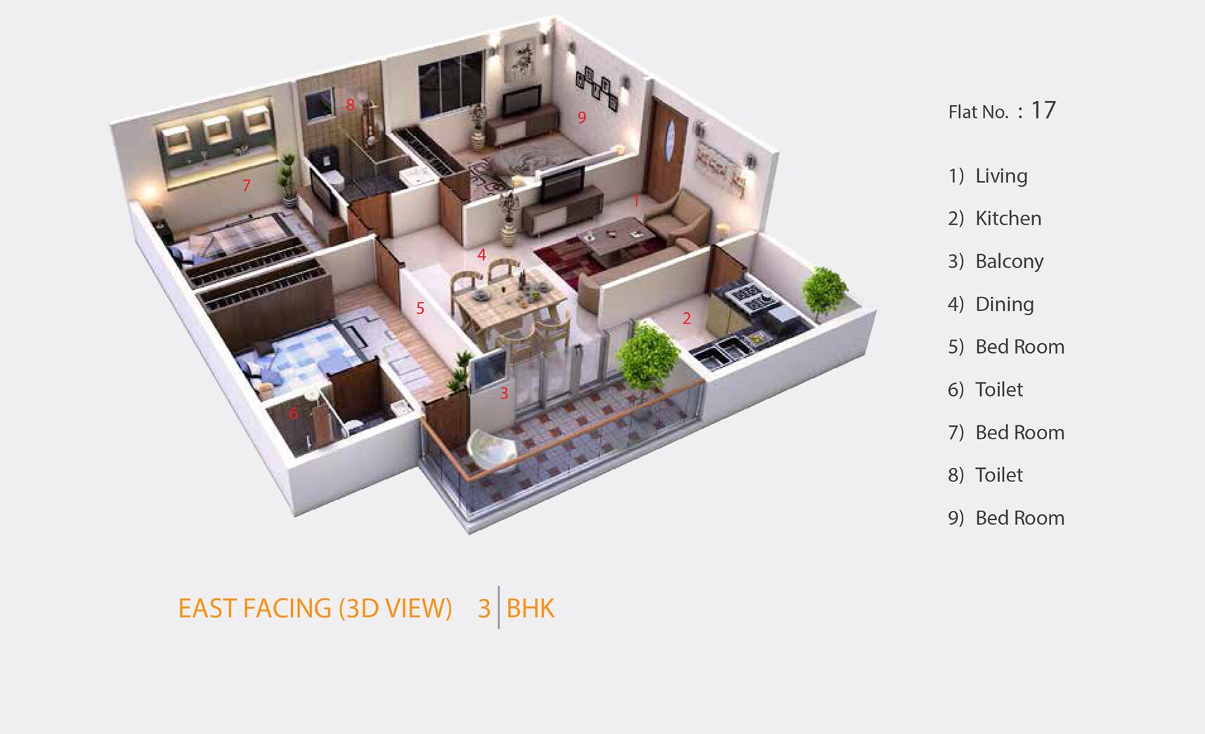 Floor plan of 3 BHK 1036 Sq. Ft. Apartment in Abhee Nandika, Bangalore