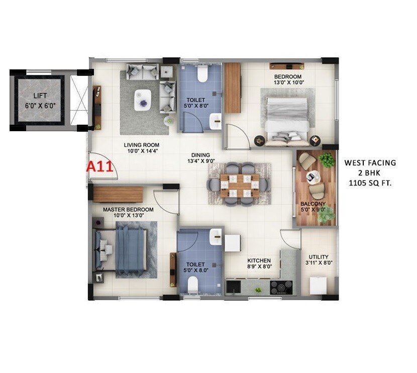Floor plan of 2 BHK 1105 Sq. Ft. Apartment in Abhee Pride, Bangalore