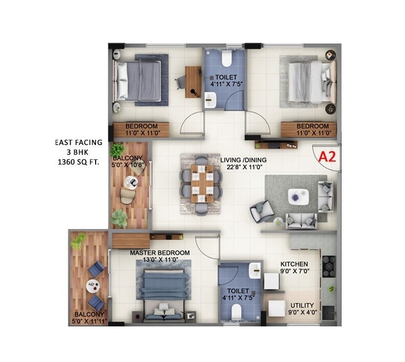 Floor plan of 3 BHK 1360 Sq. Ft. Apartment in Abhee Pride, Bangalore